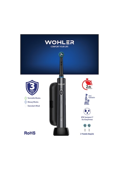 Wohler Değiştirilebilir Başlıklı Şarj Edilebilir Elektrikli Diş Fırçası - Siyah Şarjlı