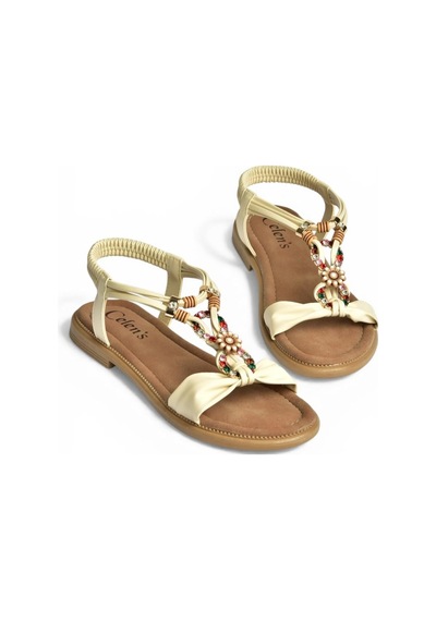 Fox Shoes Y274601809 Bej Boncuk Detaylı Kadın Sandalet