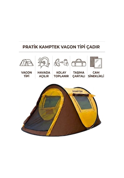 Pratik Pop-up Kamp Çadırı - 3 Kişilik Otomatik Kurulum, Su Geçirmez & Sinekli Korumalı 220 120 90 Cm Sarı
