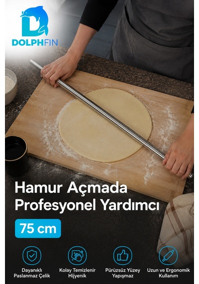 75 Cm Paslanmaz Çelik Oklava Profesyonel Hamur Açma Merdanesi