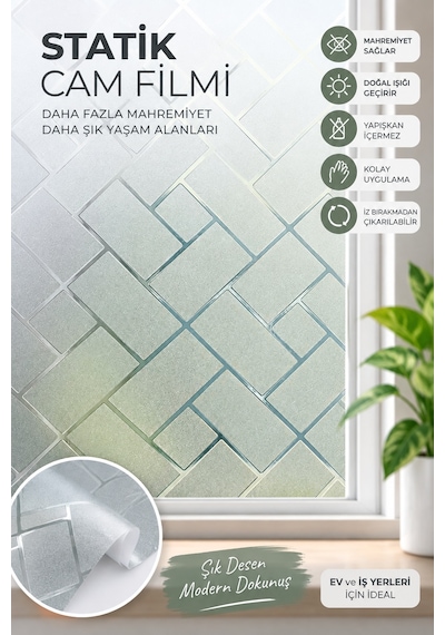 Deconitte Geometrik Desenli Statik Cam Filmi Buzlu Yapışkansız Mahremiyet Ve Dekoratif Cam Folyosu 60x100cm