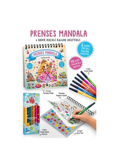 Prenses Mandala - 6 Renk Keçeli Kalem Ve 75 Adet Çıkartma Hediyeli 3+ - Fglt-884118