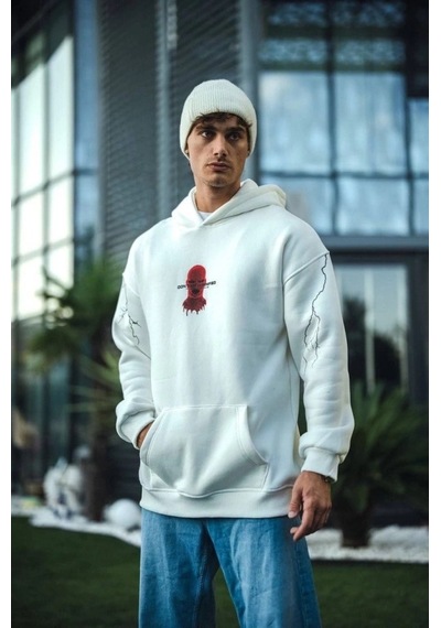 Vexor Üç İplik Kapşonlu Baskılı Oversize Sweatshirt- Beyaz