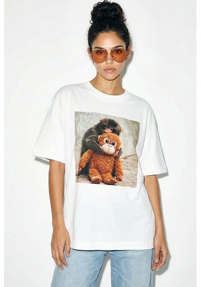 Shade Kadın Pamuk Bisiklet Yaka Maymun Punch Baskılı Oversize T-shirt Öt261035 60286081 - Beyaz Standart