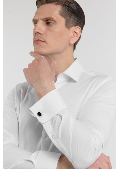 İmza Beyaz Uzun Kol Sert Yaka Düz Pamuklu Slim Fit Gömlek 1004260059