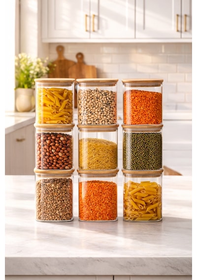 Porsima 5-3 Bambu Vakumlu Kapaklı Kare Borsilikat Cam 9lu Kavanoz Seti Saklama Kabı 750ml 7,5x15cm Ahşap - Şeffaf