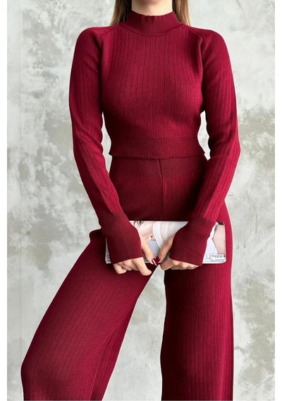 De Pose Kadın Yarım Balıkçı Örgü Crop Kazak Pantolon Triko Alt-üst Takım Bordo