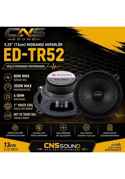 Edison Ed-tr52 5.25 İnç Midrange Hoparlör, 300 Watt Maksimum Güç, 80 Watt Rms, 4 Ohm, Oto Ses Sistemleri İçin, 2 A