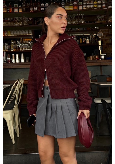 Madmext Bordo Çift Fermuarlı Kadın Triko Hırka Mg2532 Bordo