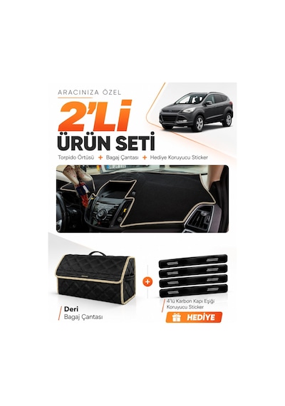 E-biz Ford Kuga 2013-2015 Uyumlu Torpido Örtüsü + Deri Bagaj Çantası Seti - Siyah-bej - Fo026