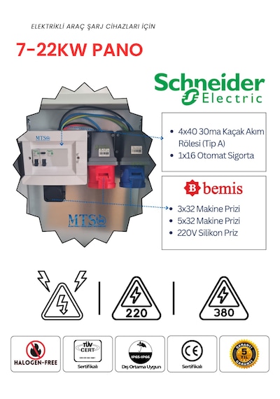 22kw + 7.4kw Schneider Ip66 Kilitlenebilir Kombinasyon Kutusu Panosu 5x32a + 3x32a + 220v Tesla Togg Uyumlu 22kw - 7.4kw