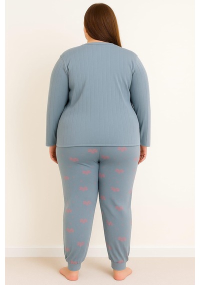 Pemilo Kadın Büyük Beden 0242 Raporlu Pijama Takımı İndigo İndigo