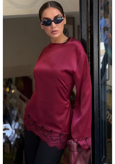 Madmext Bordo Asimetrik Dantelli Uzun Kollu Saten Bluz Mg2799