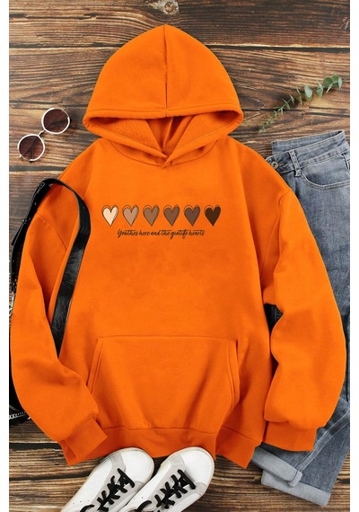 Unisex Kalp Baskılı Oversize Sweatshirt Turuncu