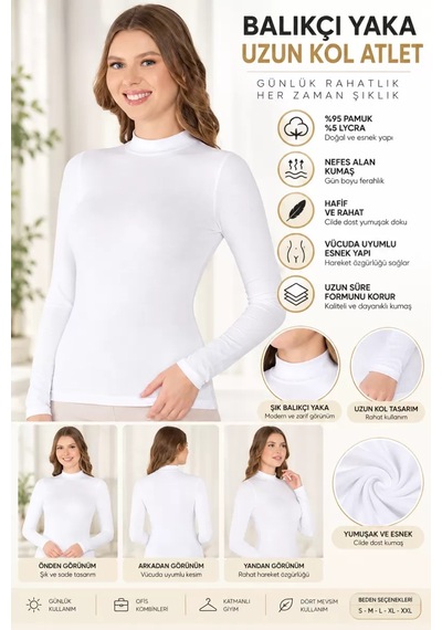 N11 Kadın Balıkçı Yaka Uzun Kol Atlet Beyaz Esnek Kumaş, Vücuda Oturan Basic Body - Ryl - 2612