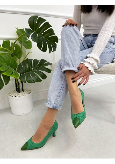 Ervanın Butiği Yeşil Tüvit (Tress) Maskelet Detay Kadın Stiletto Yeşil