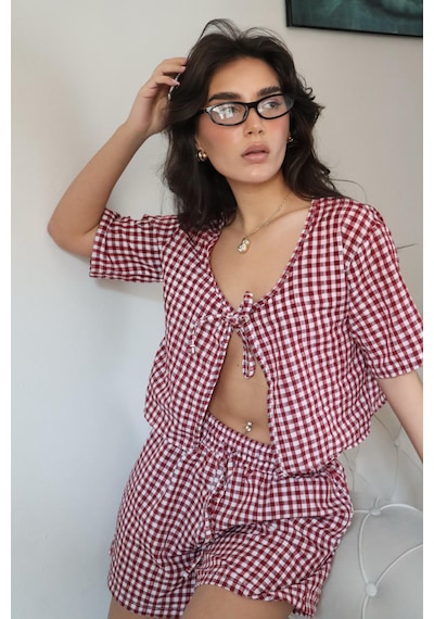 Madmext Bordo Pötikareli Şort Bluz Takım Mg2373