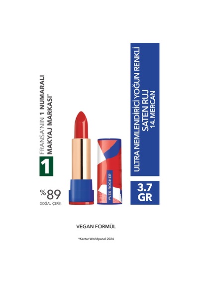 Yves Rocher Ultra Nemlendirici Yoğun Renkli Saten Ruj-14. Mercan-3.8g-80611 14 Mercan