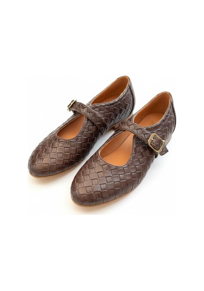 Ne&ve Shoes Kahve Hakiki Deri Örgü Detaylı Tokalı Kaddın Yuvarlak Burun Babet Kahverengi