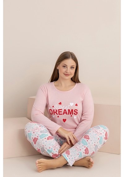 Rindahomewear Büyük Beden Sweat Dreams Süprem Uzun Kol Pijama Takımı Pembe