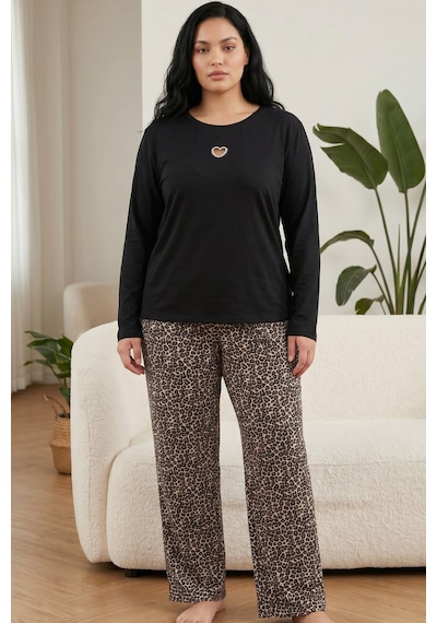 Siyah İnci Pamuklu Likralı Büyük Beden Battal Boy Örme Pijama Takım 26240886 Siyah