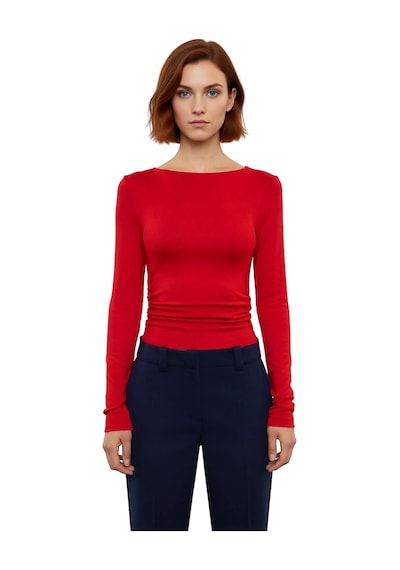 Ersefa Stil Kadın Fitted Vücuda Oturan Büzgü Drape Detaylı Esnek Bluz Cr Kırmızı