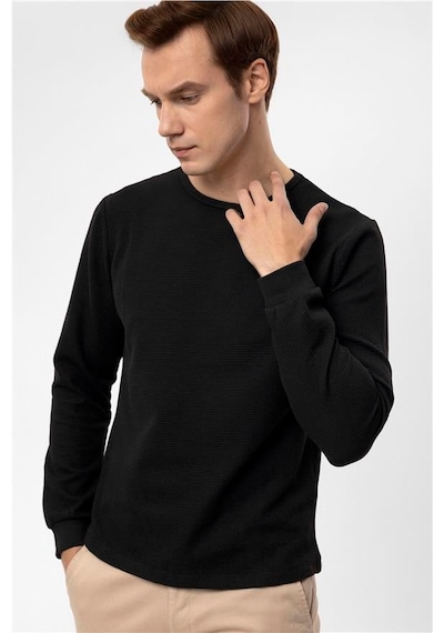 Süvari Siyah Slim Armürlü Bisiklet Yaka Sweatshirt Siyah