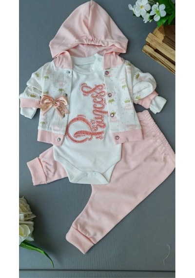 Kız Bebek Kapşonlu Hırkalı Takım 3lü Pembe