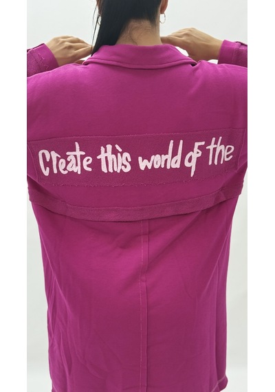 Büyük Beden Yakalı Cepli Sloganlı Uzun Kol Oversize Viskon Kadın Tunik Sweatshirt Pembe