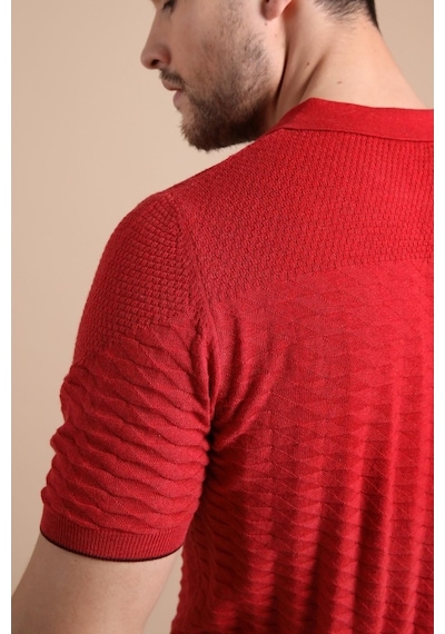 Ferraro Kırmızı Polo Yaka Fermuarlı Erkek Pamuk Triko T-Shirt-Kırmızı