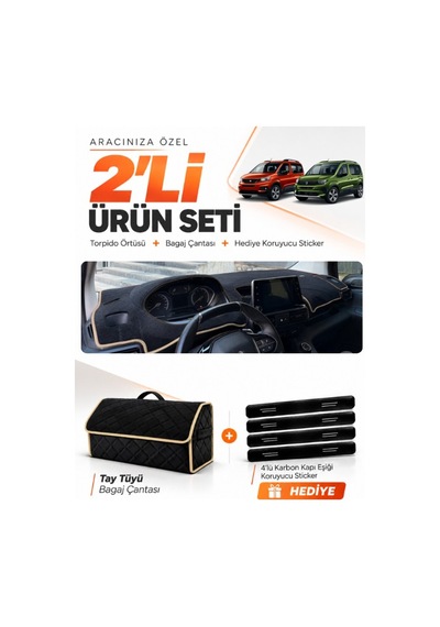 Peugeot Rifter 2018-2026 Uyumlu Torpido Örtüsü + Tay Tüyü Bagaj Çantası + Sticker Seti - Siyah Bej