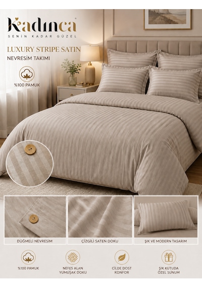 Luxury Stripe Pamuk Saten Nevresim Takımı 6parça Sütlü Kahve