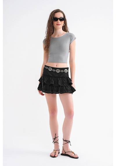 Mixray 2009 Kadın Vücuda Oturan Basic Crop T-shirt Gri