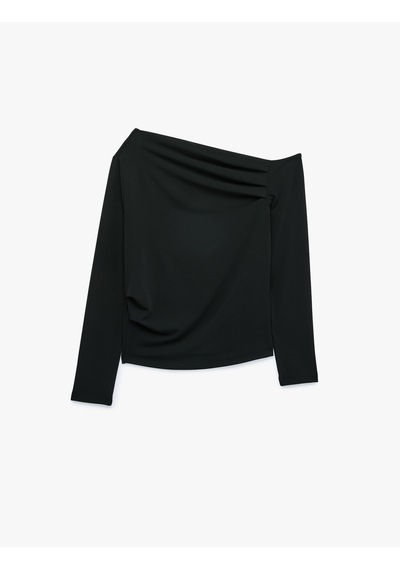 Koton Slim Fit Drapeli Asimetrik Kesim Uzun Kollu Tek Omuz Tişört Siyah 7wak50088ek
