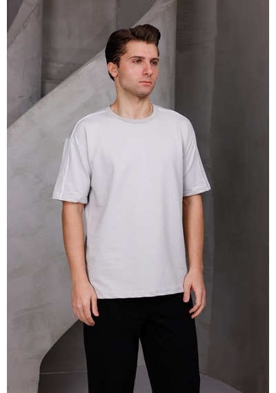 Erkek Şeritli Oversize Bisiklet Yaka 2 İki İplik Kompakt T-shirt Ekru