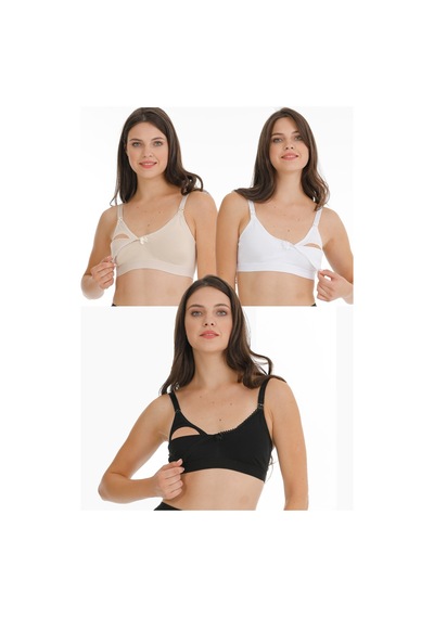 Parlingerie 3lü Hamile Emzirme Sütyeni Dantelli Kapsız Siyah-beyaz-ten Siyah - Beyaz - Ten