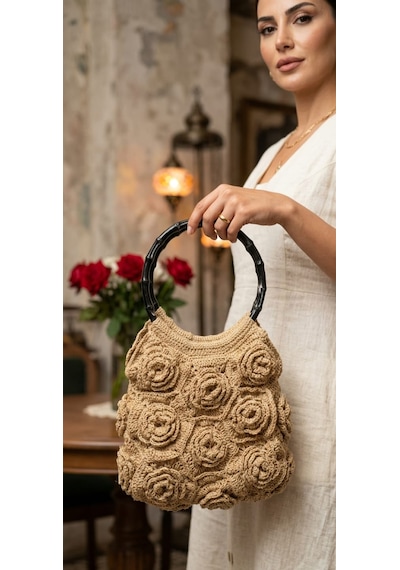 Vintage Rose El Yapımı Tasarım Çanta - Ahşap Saplı Örgü El Çantası Sarı