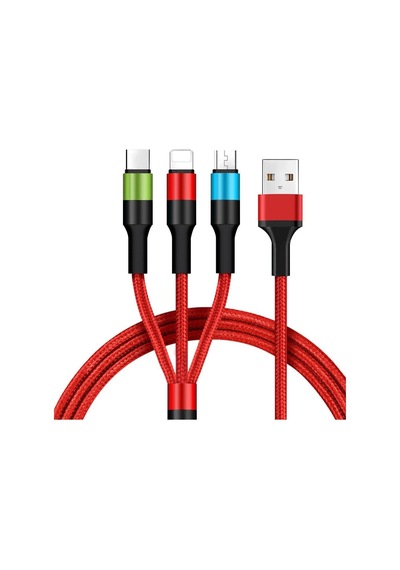 3 İn 1 Hızlı Şarj Kablosu, Örgülü 1.2m Kırmızı, Lightning, Type-c, Micro Usb, 3a Güçlü Dayanıklı Kablo, İos Ve Android Uyumlu