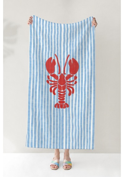 Çizgili Istakoz Marine Plaj Havlusu - Akdeniz Stil Mavi Beyaz Havuz Deniz Banyo Sahil Örtüsü Çok Renkli