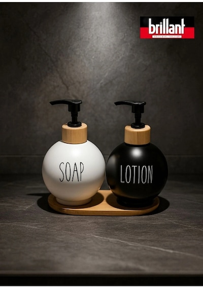 Lüks Tasarım Bambu Standlı 2'li Banyo Sabunluk Seti - Siyah & Beyaz Çok Renkli