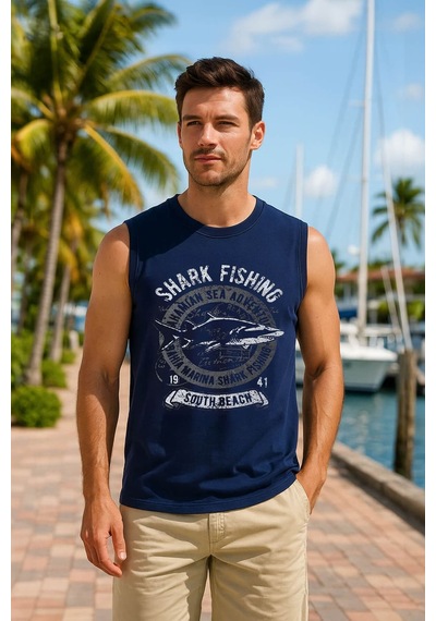 Markapia Man Erkek %100 Pamuk Bisiklet Yaka Shark Baskılı Kolsuz T-shirt İndigo S