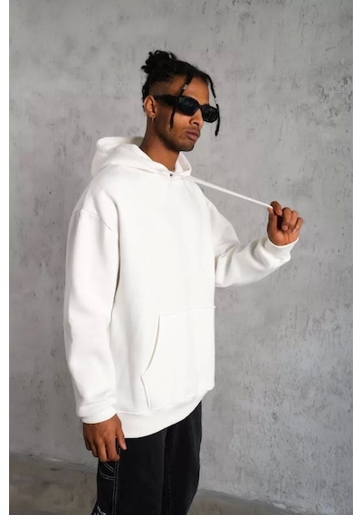 Erkek Düz Kapüşonlu Sweat - Beyaz
