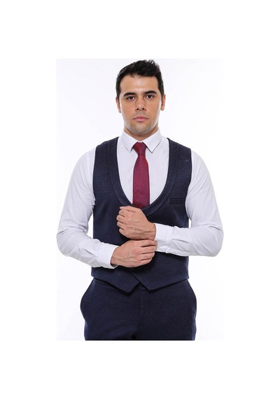 Desenli Kruvaze Koyu Lacivert Erkek Yelek Pantolon Set - Wessi