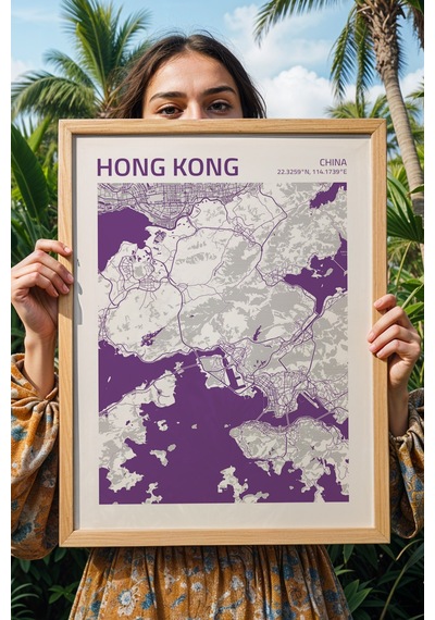 Hong Kong China Haritası Çerçeveli Tablo Lüks Salon Ofis Duvar Dekorasyonu Hediyelik Tablo Kayın