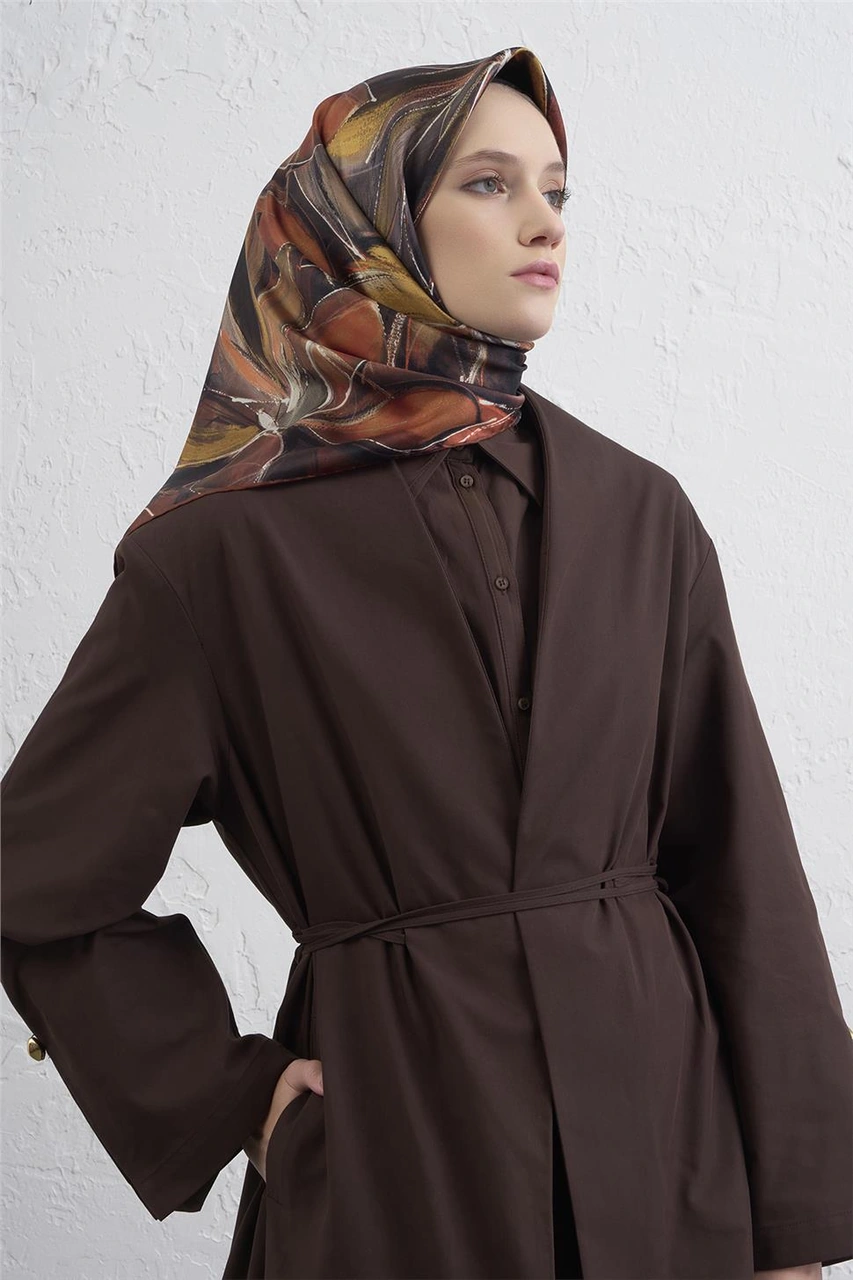 Armine Çiçek Desenli Saf İpek Twill Eşarp 9406d 80 Açık Kahve