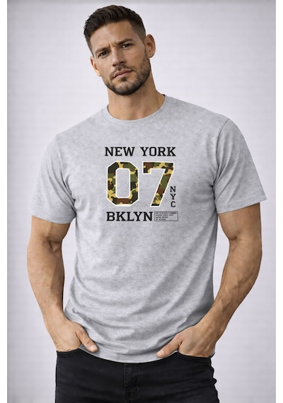 Herkesemoda Yazı Detaylı Basic T-shirt Gri