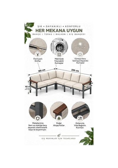 Neokas Balkon L Koltuk 6 Kişilik Köşe Takımı, Metal Bahçe Mobilyası, Balkon Oturma Grubu