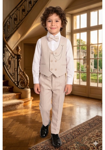 Baby Kids Colors Erkek Çocuk Smokin Takım Elbise 6 Düğmeli Yelekli Papyonlu Zincirli 4'lü Takım Bej