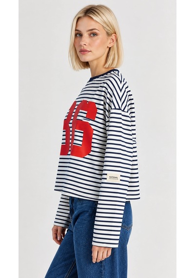 Mevese Kadın Oversize Çizgili Baskılı Uzun Kollu T-shirt - 36 Detaylı Spor Şık Tişört - Ekru-lacivert Ekru - Lacivert