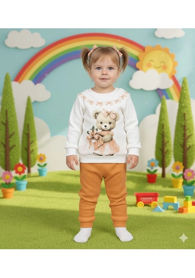 Poppy Trend Kız Bebek Ayıcık Baskılı Çıt Çıtlı Alt Üst İkili Gündelik Takım Hardal